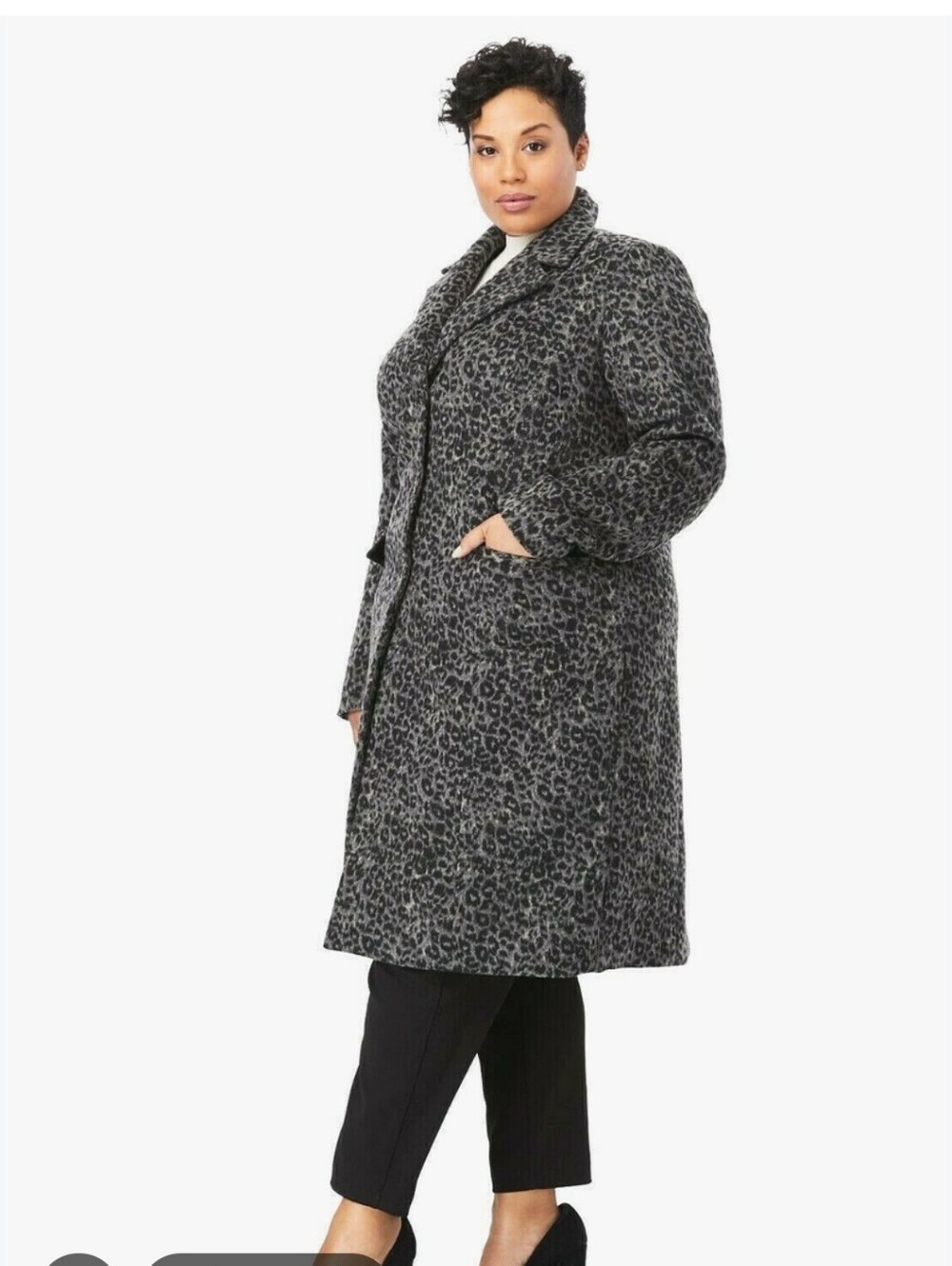 Leopard Print Wool Blend Winter Coat, Gray/ Black, Size 20, Classic, Cottagecore